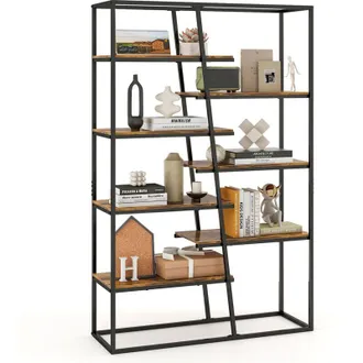 Costway Tall Bookshelf 7-Tier Industrial Etagere Bookcase Display Rack-Brown
