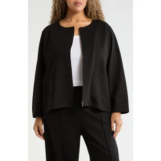 Eileen Fisher Collarless Zip Jacket in Black at Nordstrom, Size 2X