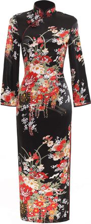 ACVIP Womens Print 3/4 Sleeve Qipao Chinese Traditional Dress (UK 16 /Chinese 4XL, Floral Black)