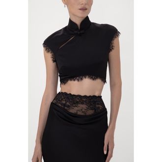 Sau Lee Lila Satin Crop Top in Black at Nordstrom, Size 14