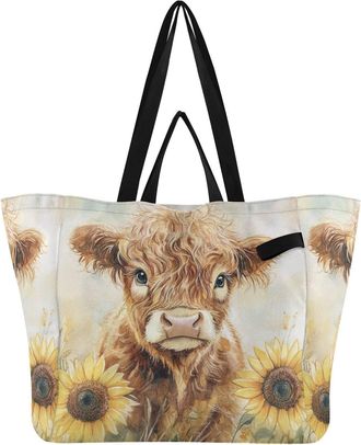 Generic Cow Sunflowers Yellow pattern Reusable Canvas Tote Bag, Heavy Duty Grocery Shopping Bag with Double Handles Large Capacity Hard Bottom Work Groceries 