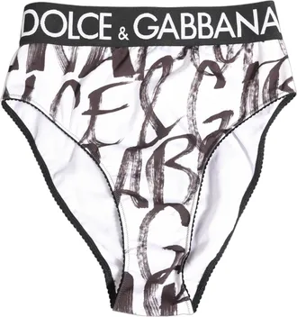Dolce & Gabbana Womens White Black Graphic Logo High Brief Underwear Elastane Polyester Clothing