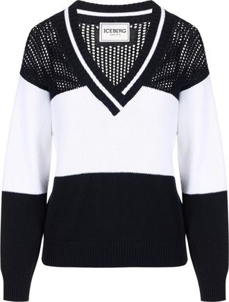 Iceberg Dropped Cotton Pullover - Dames - V-hals truien - Zwart - S - Katoen - Truien & Vesten