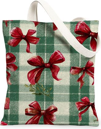 Generic Christmas Bow Pattern Canvas Tote Bags, Reusable Grocery Bags for Holiday Shopping, Lightweight Washable Shoulder Strap Can, Green, 13x15 Inch
