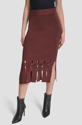 DKNY Grommet Trim Fringe Hem Sweater Midi Skirt in Bitter Chocolate at Nordstrom, Size Medium