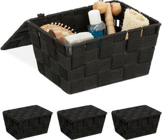 Relaxdays Relaxdays - Set of 4 Lidded Storage Baskets with Lid, Bathroom Storage, pp, HxWxD: 10.5 x 19.5 x 14.5 cm, Black