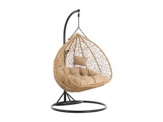 Vente-Unique Sill&oacute;n colgante de 2 plazas de resina trenzada - Natural claro con cojines beige - CAYAMBE de MYLIA