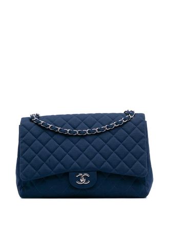 Chanel Borsa a spalla Maxi Classic in jersey con battente 2009-2010 - Blu
