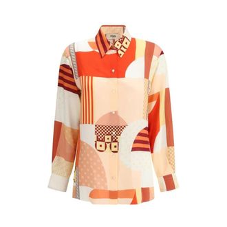Fendi Overhemden, Dames, Veelkleurig, S, Zijden Patchwork Shirt met Zijsplitten