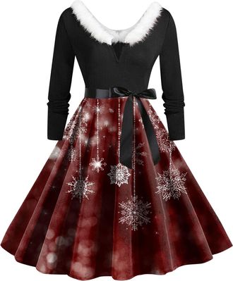 Generic Christmas Dress Womens V Neck Long Sleeve Winter Dress Elegant Perfect Party Printed Xmas Costume Swing Dresses Womens Christmas Sweatshirt Outfits Sw