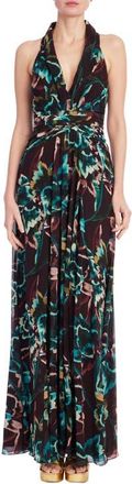 Badgley Mischka Floral Plunge Neck Georgette Gown in Wine Floral at Nordstrom, Size 16