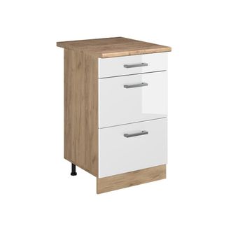 Vicco Mueble Bajo De Cocina R-line, Blanco Alto Brillo/roble Dorado, 50 Cm Encimera Roble Dorado, Vicco