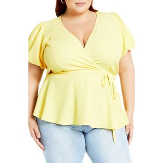 City Chic Christa Puff Sleeve Faux Wrap Top in Buttercup at Nordstrom Rack, Size Xl/22W
