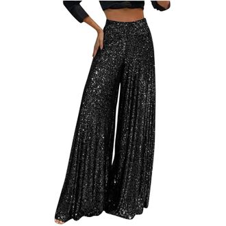 Generic Sequin Wide Leg Trousers for Women UK Elastic High Waisted Wide Leg Pants Sparkle Glitter Evening Prom Party Pants Shiny Palazzo Pant Pull On Loose Lo