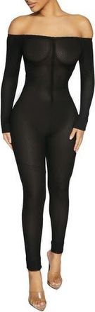 Naked Wardrobe Net Off the Shoulder Long Sleeve Mesh Jumpsuit in Black at Nordstrom Rack, Size X-Small