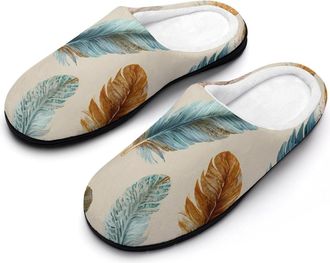 Generic Boho Feathers Slippers Men Winter Warm Cotton Anti-Slip Indoor Slip-Ons House Shoes