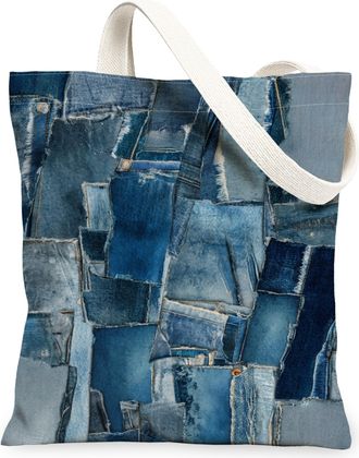 Generic Denim Patchwork Canvas Tote Bags, Reusable Shopping Bags for Fall, Lightweight Washable Shoulder Strap Canvas for Travel Be, Blue, 13x15 Inch