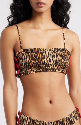 Damson Madder Leopard Smocked Bow Bandeau Bikini Top in Brown at Nordstrom, Size 16 Us