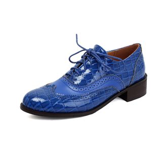 Generic Womens Lace Up Oxfords Shoes Low Block Heel Vintage Brogues Round Toe Office Dress Shoes,Blue,10.5 UK