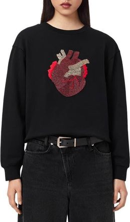 AllSaints Andrea Pippa Embellished Beaded Heart Sweatshirt in Black at Nordstrom, Size X-Small