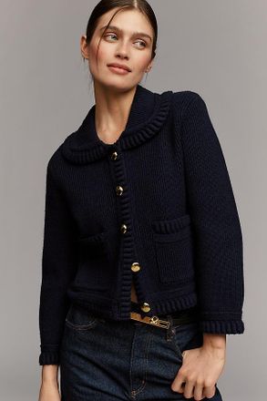 English Factory Three-Quarter Sleeve Collared Braided-Detail Cardigan Sweater