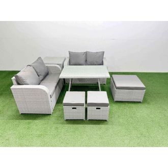 Fimous Fimous 7 Seater Outdoor Love Sofa Set Rattan Garden Furniture Set with Rectangular Dining Table Side Table 3 Footstools Light Grey