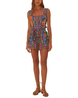 Farm Rio Farm Rio Stitched Garden Blue Linen-Blend Romper