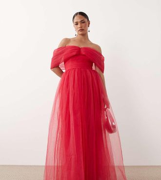 Lace & Beads Petite Vestito lungo in tulle color lampone con spalle scoperte-Rosa