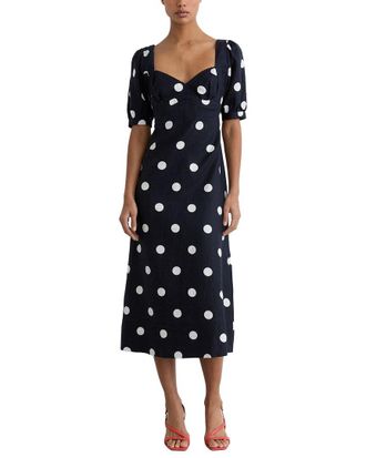 Reiss Astrid Linen Puff Sleeve Polka Dot Midi Dress
