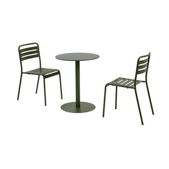 Sweeek Mesa de jard&iacute;n bistr&oacute; redonda de acero con 2 sillas, verde kaki
