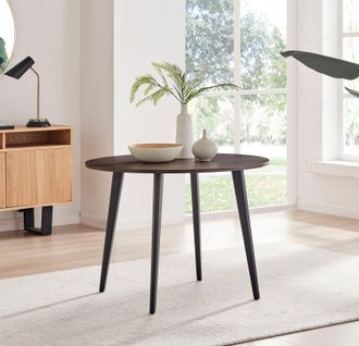 Furniturebox Koko 4-Seater Round Melamine Scratch Resistant Dining Table With Black Legs in Walnut