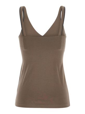 Brunello Cucinelli Womens Top With V-Neck And Monil Strap Brown Cotton Tops