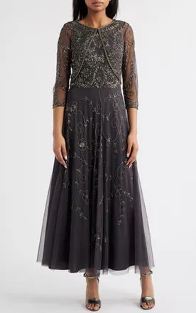 Pisarro Nights Beaded Mesh Gown with Jacket in Grey at Nordstrom Rack, Size 2