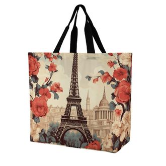Generic Paris Vintage Flower Grocery Bag Handle Shopping Bag Large Capacity Handbags For Work College Daily Use