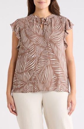 Nordstrom Rack Ruffle Tie Neck Top in Brown Lentil Palmetto Print at Nordstrom Rack, Size 2 X