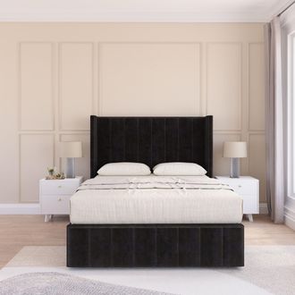 Sloomy Melbourne Upholstered Wingback Bed Set With No Drawers & 54 Floor standing Headboard -Plush Velvet in Black | Size: Single
