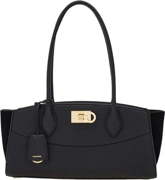 Ferragamo Embossed Leather East West Shoulder Bag With Suede Accents