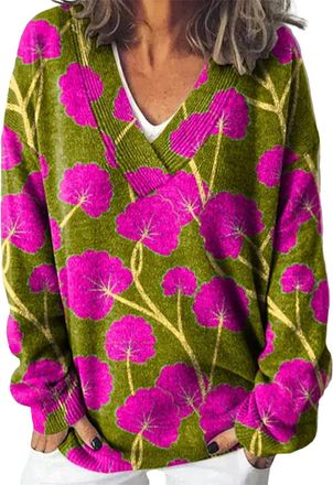 Generic Deals of The Day Sale Prime Winter Jumpers for Women UK Womens Floral Print Loose Fashion Casual Winter V Neck Knitted Strip Long Sleeve Fishing Deals