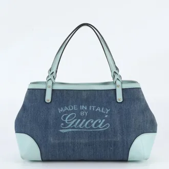 Gucci Blue Leather Canvas Handbag Shoulder Bag Tote Bag (Pre-Owned)