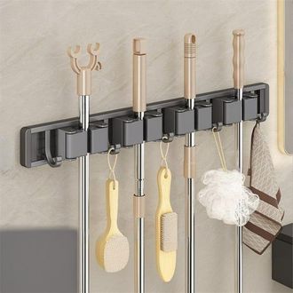 OEM Soporte De Pared Para Escobas, Organizador De Ba&ntilde;o, No Requiere Taladrar, 4 Tarjetas, 5 Ganchos, Gris Oscuro