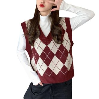 Generic Womens Argyle Geo Print V Neck Crop Sweater Vest Sleeveless Jumper Knit Pullover Tank Top Knitted Sweater Vest Deep V Neck Checkered Plaid Pattern Ele