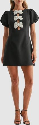All in Favor Puff Sleeve Bow Appliqu&eacute; Minidress in Black at Nordstrom, Size X-Small