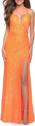 La Femme Vibrant Wrap Style Sequin Dress with Slit in Orange at Nordstrom, Size 00