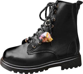 Generic Black Ladies Stylish and Casual Winter High Top Warm Flat Bottom British Style Front Tie Thick Heel Knight Boots for Cold Weather