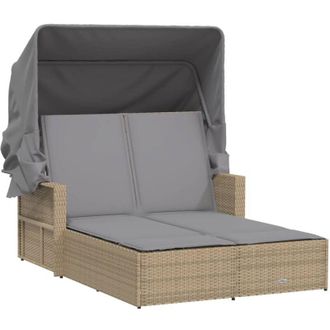 vidaXL Tumbona Doble Con Capota Y Cojines Rat&aacute;n Sint&eacute;tico Beige Mix Vidaxl