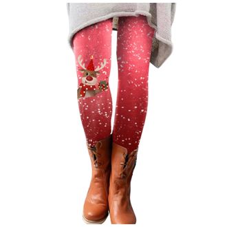 Generic Women Christmas Reindeer Printed Xmas Leggings Fashion Lady Elasticity Skinny Printed Stretchy Pants Running Christmas Leggings (a-Watermelon Red, S)