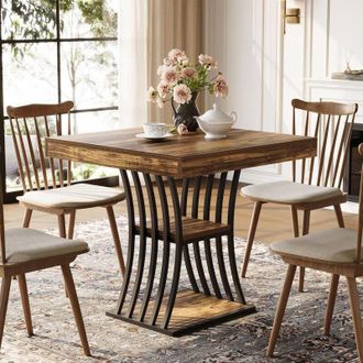 Tribesigns Tribesigns Dining Table, Industrial Kitchen Table with Storage Mental Base, for Small Spaces, Apartments, Dining Room, Brown and Black, 80 x 80 x 76