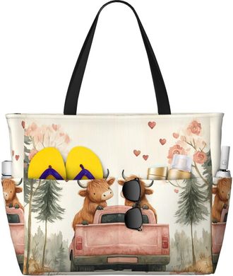 Generic Valentines Highland Cow Print Large Beach Bag Foldable Travel Shoulder Tote Bag With Pocket For Weekender Pool Vacation