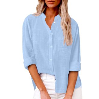 Generic Womens Shirts Casual 2024 Trendy Overshirt Tops Womens Plus Size Women Casual Stand Collar Long Sleeve Solid Color Shirt Top Single Breasted Cardigan 