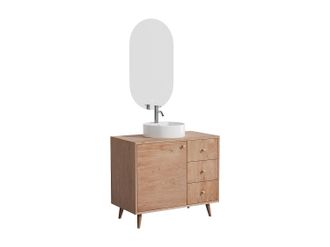 Vente-Unique Mueble de ba&ntilde;o de roble macizo con lavabo redondo sobre encimera, espejo y grifo - Natural claro - 93 cm - ZARENO